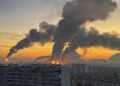 Plumes of smoke rise from fires (centre) at an oil refinery following what the authorities say is a Ukrainian drone strike in the course of the Russia-Ukraine conflict, in Moscow, Russia, September, 20, 2026.  REUTERS/Stringer     TPX IMAGES OF THE DAY